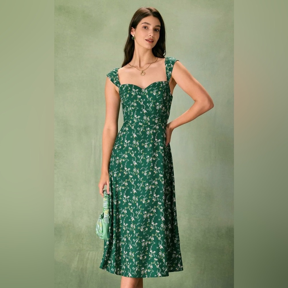 RIHOAS Dark Green Floral Midi Dress